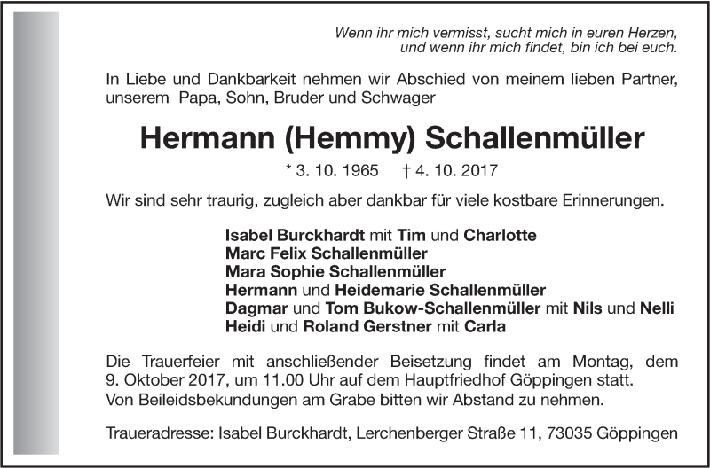  Traueranzeige für Hermann  Schallenmüller vom 06.10.2017 aus Neue Württembergische Zeitung