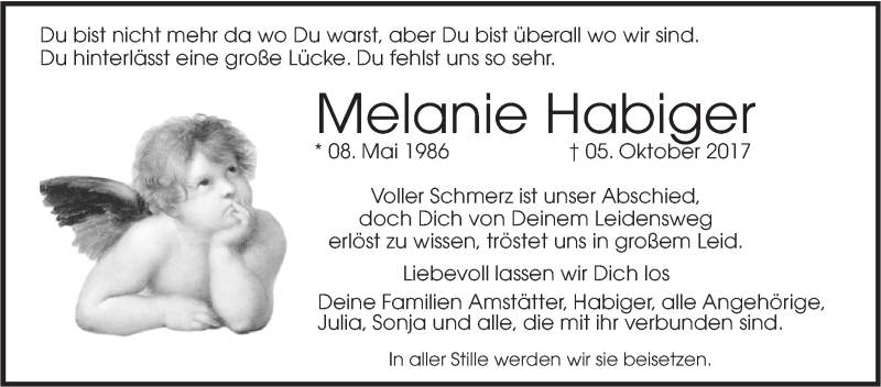  Traueranzeige für Melanie Habiger vom 09.10.2017 aus Südwest Presse