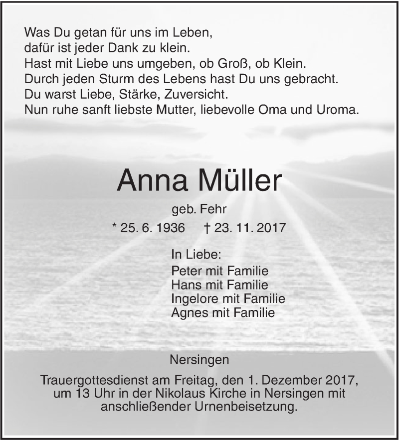  Traueranzeige für Anna Müller vom 27.11.2017 aus SÜDWEST PRESSE Ausgabe Ulm/Neu-Ulm