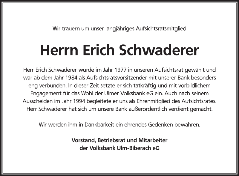  Traueranzeige für Erich Schwaderer vom 09.11.2017 aus SÜDWEST PRESSE Ausgabe Ulm/Neu-Ulm