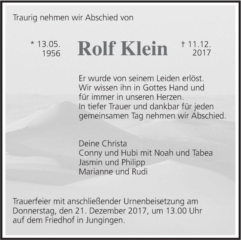  Traueranzeige für Rolf Klein vom 16.12.2017 aus SÜDWEST PRESSE Ausgabe Ulm/Neu-Ulm
