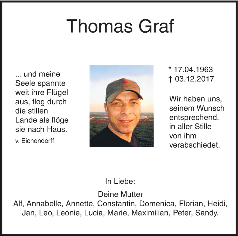  Traueranzeige für Thomas Graf vom 12.12.2017 aus SÜDWEST PRESSE Ausgabe Ulm/Neu-Ulm