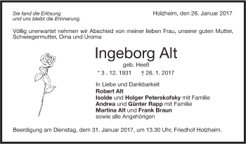 Traueranzeige von Ingeborg Alt von Südwest Presse