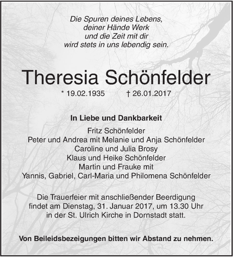  Traueranzeige für Theresia Schönfelder vom 28.01.2017 aus Südwest Presse