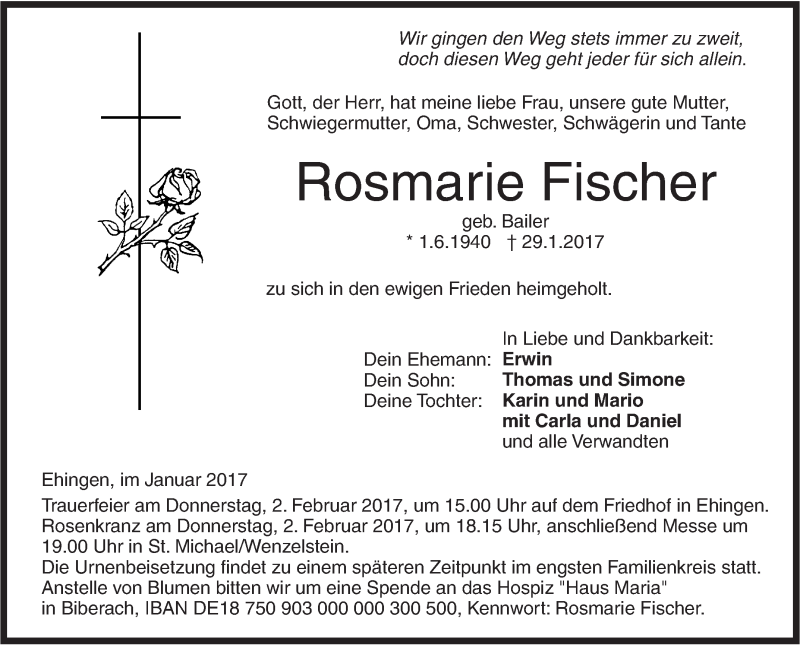  Traueranzeige für Rosmarie Fischer vom 31.01.2017 aus Südwest Presse