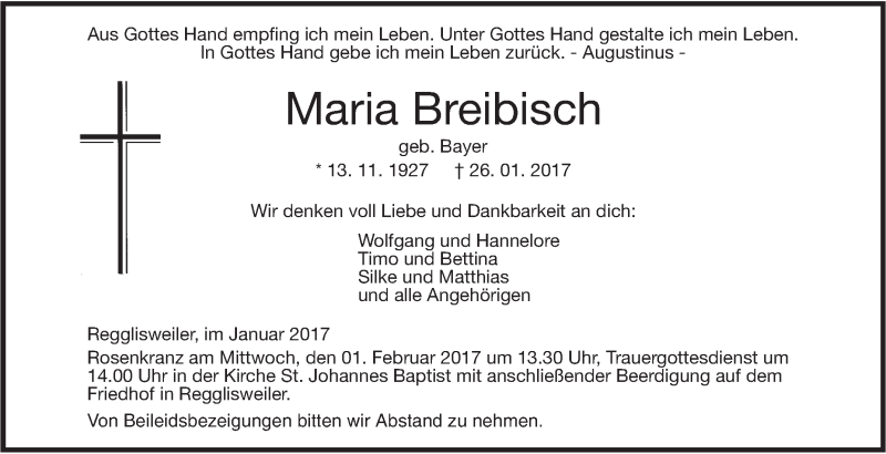 Traueranzeige für Maria Breibisch vom 30.01.2017 aus Südwest Presse