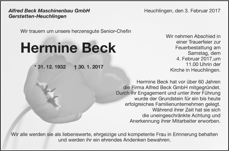  Traueranzeige für Hermine Beck vom 03.02.2017 aus Südwest Presse
