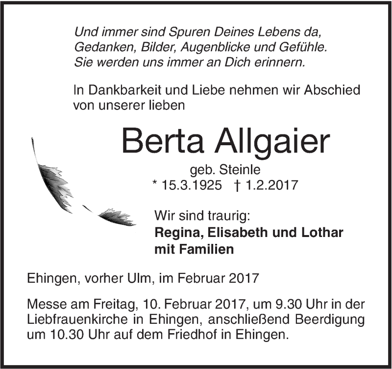  Traueranzeige für Berta Allgaier vom 07.02.2017 aus Südwest Presse