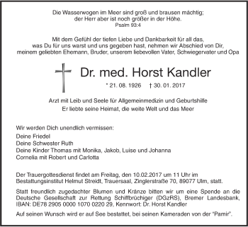 Traueranzeige von Horst Kandler von Südwest Presse