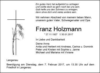 Traueranzeige von Franz Holzmann von Südwest Presse