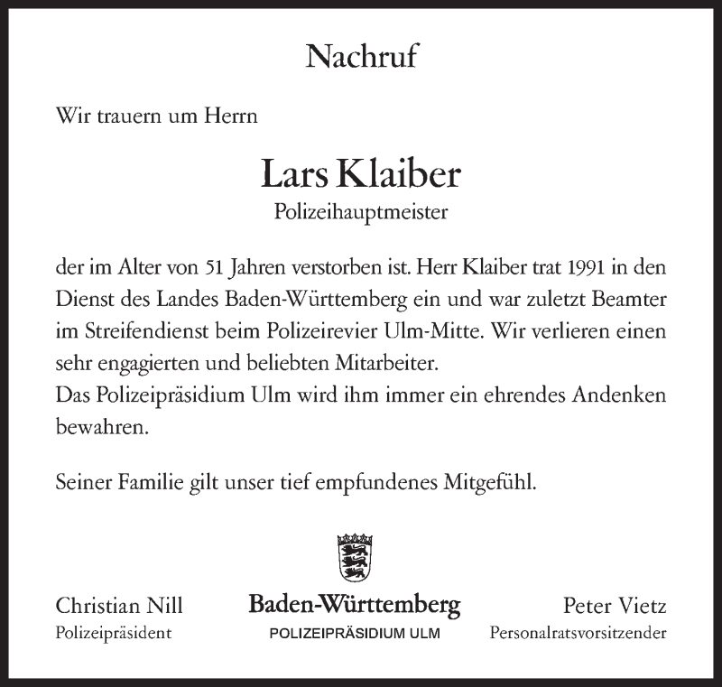  Traueranzeige für Lars Klaiber vom 07.02.2017 aus Südwest Presse
