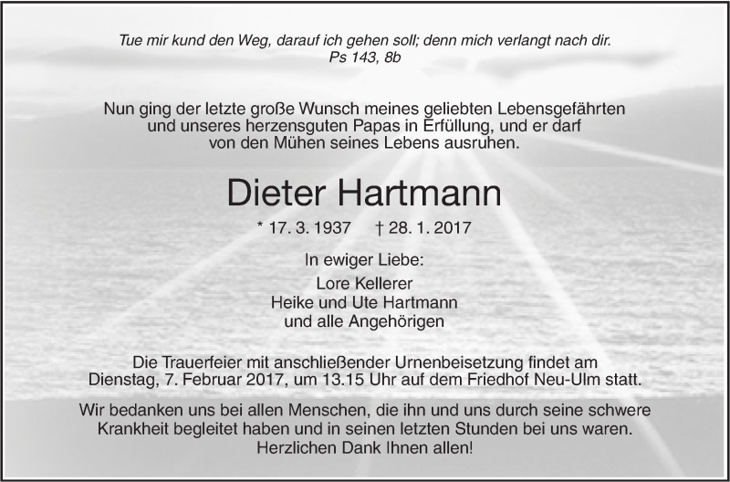  Traueranzeige für Dieter Hartmann vom 01.02.2017 aus Südwest Presse