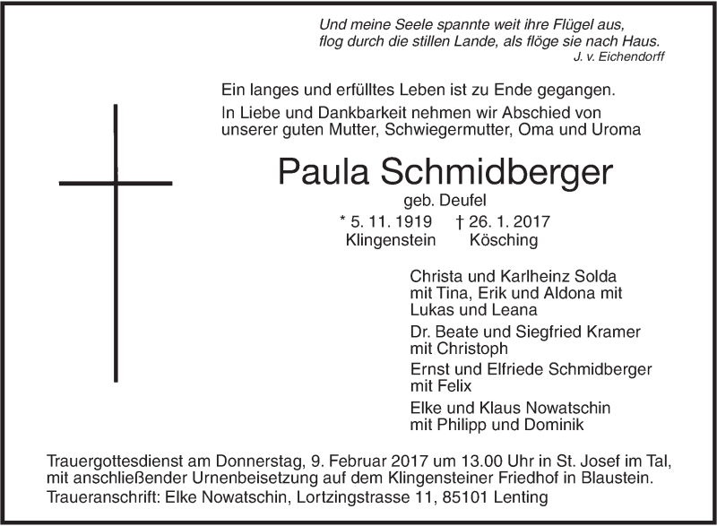  Traueranzeige für Paula Schmidberger vom 04.02.2017 aus Südwest Presse