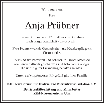 Traueranzeige von Anja Prübner von Südwest Presse