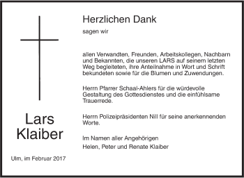 Traueranzeige von Lars Klaiber von Südwest Presse