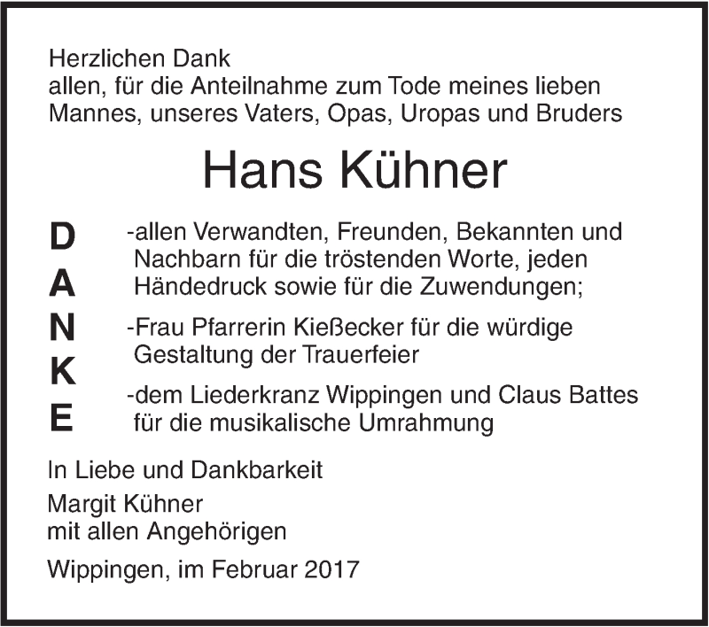  Traueranzeige für Hans Kühner vom 24.02.2017 aus Südwest Presse