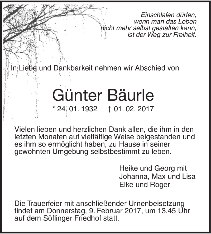  Traueranzeige für Günter Bäurle vom 04.02.2017 aus Südwest Presse