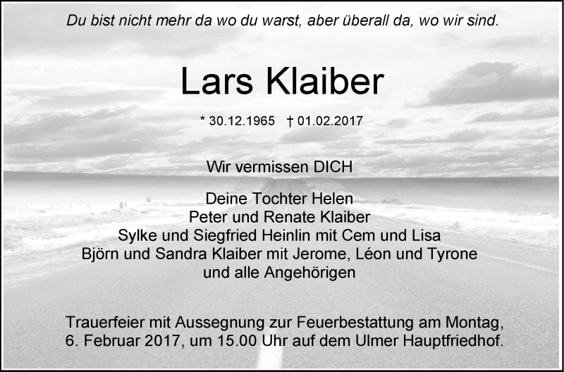  Traueranzeige für Lars Klaiber vom 03.02.2017 aus Südwest Presse