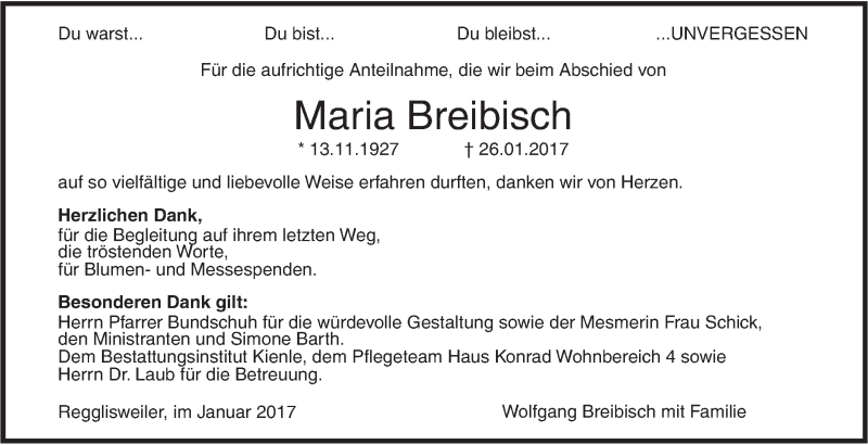  Traueranzeige für Maria Breibisch vom 09.02.2017 aus Illertal Bote