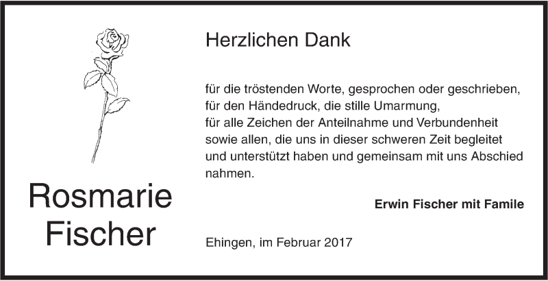  Traueranzeige für Rosmarie Fischer vom 22.02.2017 aus Ehinger Tagblatt