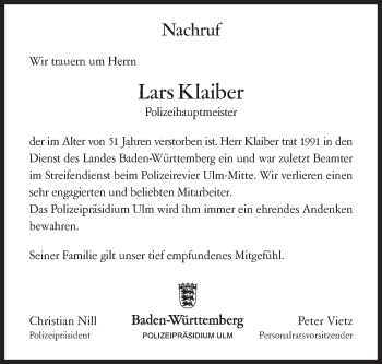 Traueranzeige von Lars Klaiber von Südwest Presse