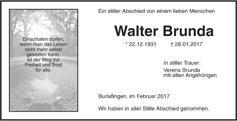 Traueranzeige für Walter Brunda vom 11.02.2017 aus Südwest Presse