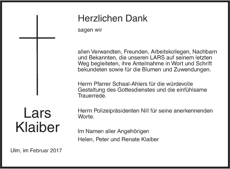  Traueranzeige für Lars Klaiber vom 18.02.2017 aus Südwest Presse