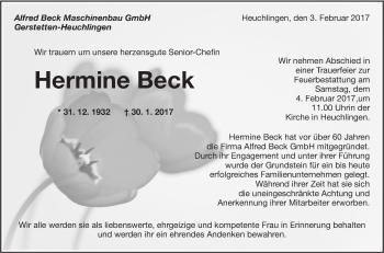 Traueranzeige von Hermine Beck von Südwest Presse