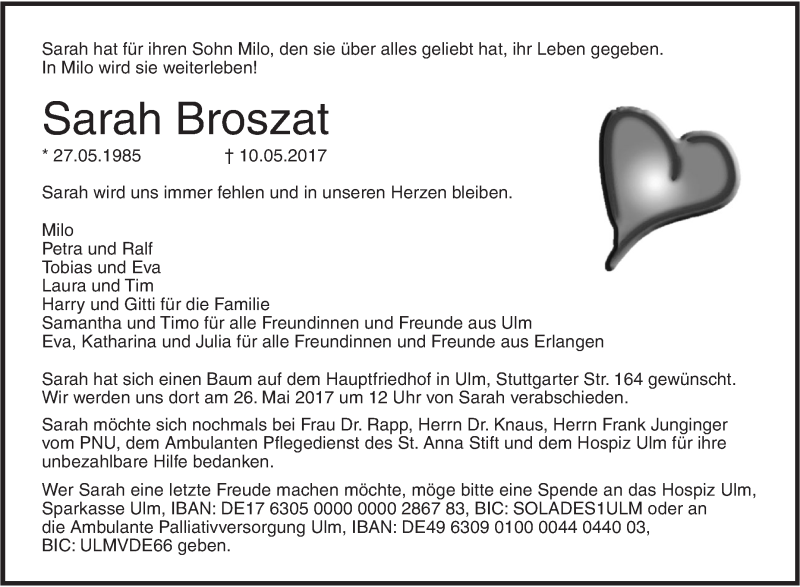  Traueranzeige für Sarah Broszat vom 16.05.2017 aus Südwest Presse
