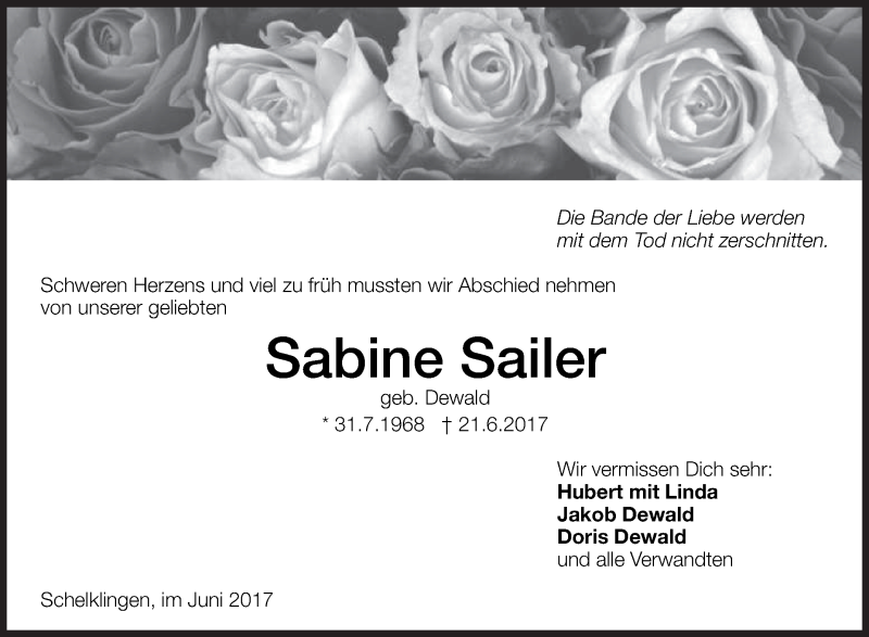  Traueranzeige für Sabine Sailer vom 26.06.2017 aus Ehinger Tagblatt