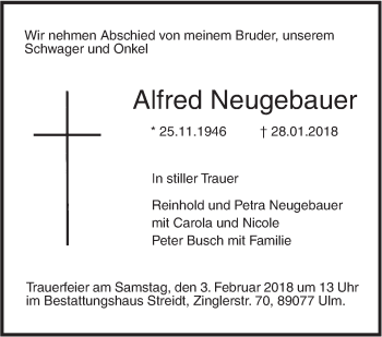 Traueranzeige von Alfred Neugebauer von SÜDWEST PRESSE Ausgabe Ulm/Neu-Ulm