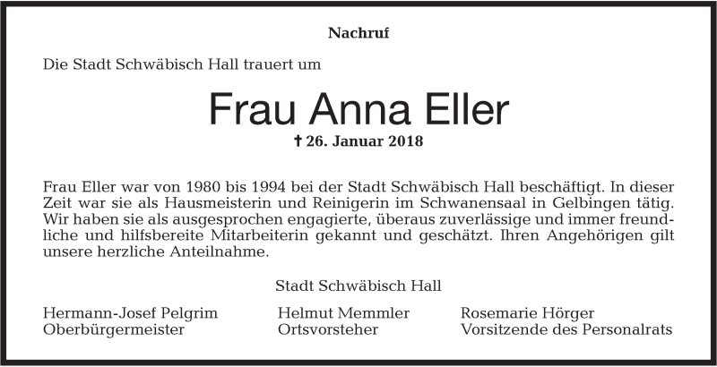 Traueranzeige für Anna Eller vom 31.01.2018 aus Haller Tagblatt