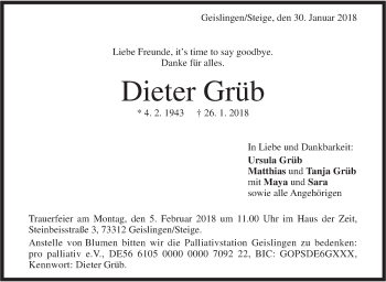 Traueranzeige von Dieter Grüb von Geislinger Zeitung