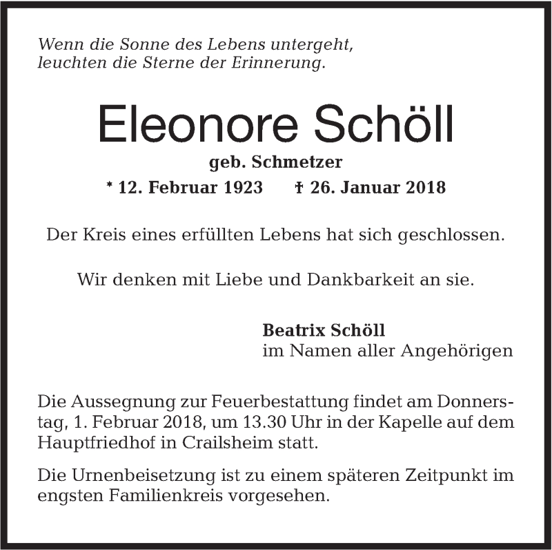  Traueranzeige für Eleonore Schöll vom 30.01.2018 aus Hohenloher Tagblatt