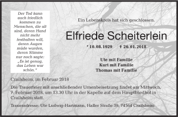 Traueranzeige von Elfriede Scheiterlein von Hohenloher Tagblatt