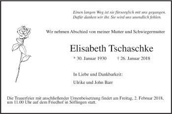 Traueranzeige von Elisabeth Tschaschke von SÜDWEST PRESSE Ausgabe Ulm/Neu-Ulm