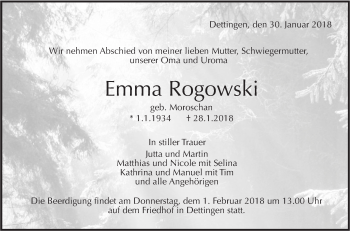 Traueranzeige von Emma Rogowski von Metzinger-Uracher Volksblatt