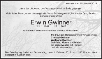 Traueranzeige von Erwin Gwinner von Geislinger Zeitung