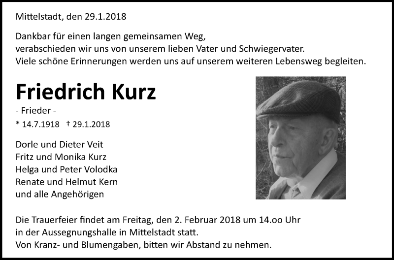  Traueranzeige für Friedrich Kurz vom 31.01.2018 aus Metzinger-Uracher Volksblatt