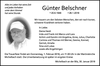 Traueranzeige von Günter Belschner von Haller Tagblatt