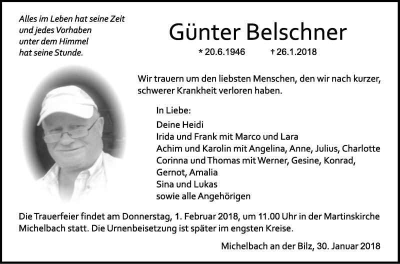  Traueranzeige für Günter Belschner vom 30.01.2018 aus Haller Tagblatt