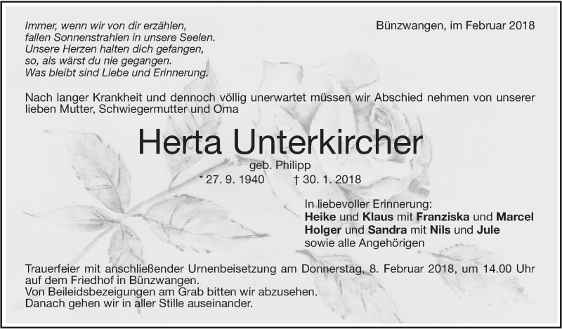  Traueranzeige für Herta Unterkircher vom 03.02.2018 aus NWZ Neue Württembergische Zeitung