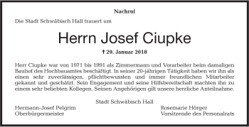 Traueranzeige von Josef Ciupke von Haller Tagblatt