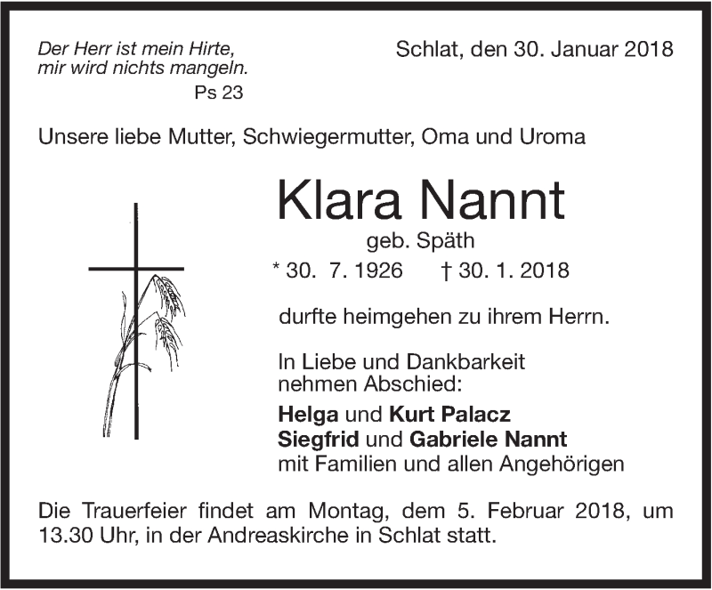 Traueranzeige für Klara Nannt vom 01.02.2018 aus NWZ Neue Württembergische Zeitung