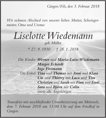 Traueranzeige von Liselotte Wiedemann von NWZ Neue Württembergische Zeitung/Geislinger Zeitung