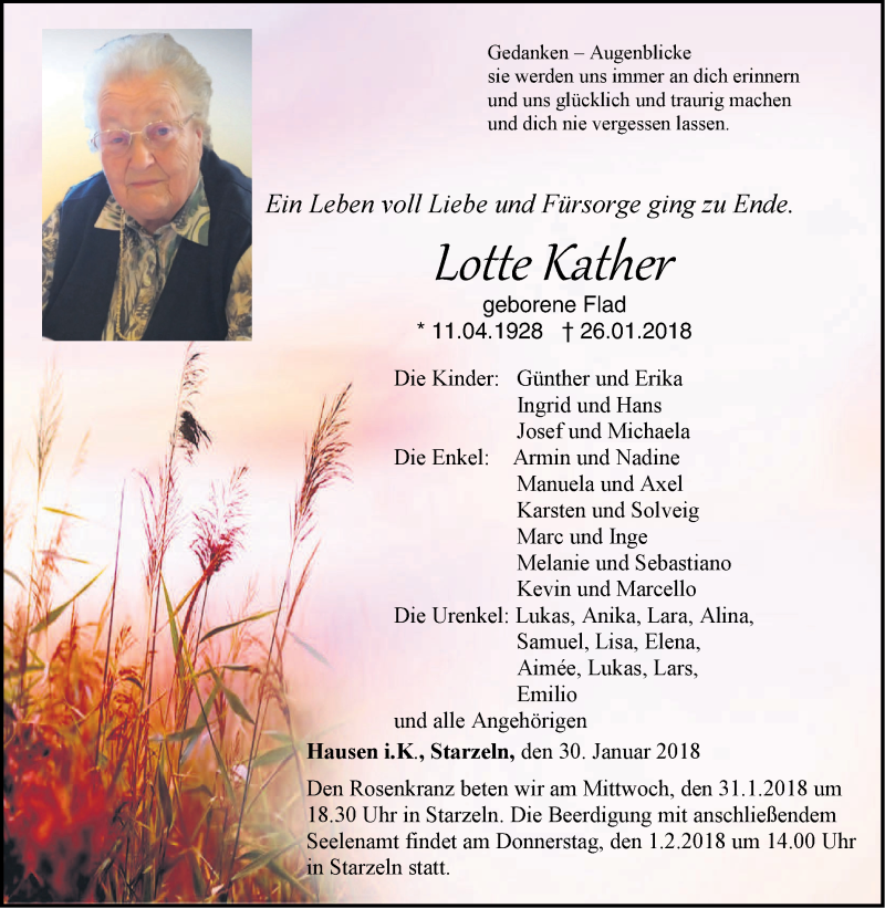  Traueranzeige für Lotte Kather vom 30.01.2018 aus Hohenzollerische Zeitung