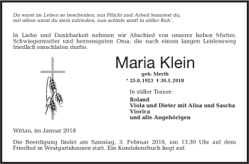 Traueranzeige von Maria Klein von Hohenloher Tagblatt