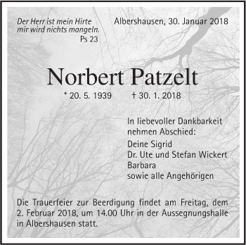 Traueranzeige von Norbert Patzelt von NWZ Neue Württembergische Zeitung