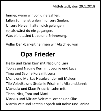Traueranzeige von Opa Frieder von Metzinger-Uracher Volksblatt