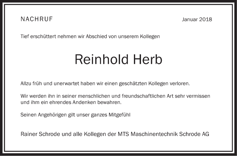  Traueranzeige für Reinhold Herb vom 01.02.2018 aus Alb-Bote/Metzinger-Uracher Volksblatt